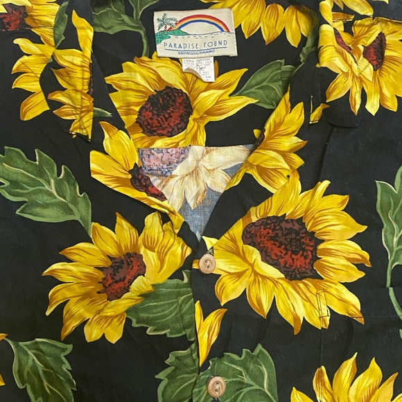 Paradise Found Men’s Sunflower Button Up Short Sleeve Shirt Large Black Yellow - Picture 3 of 5